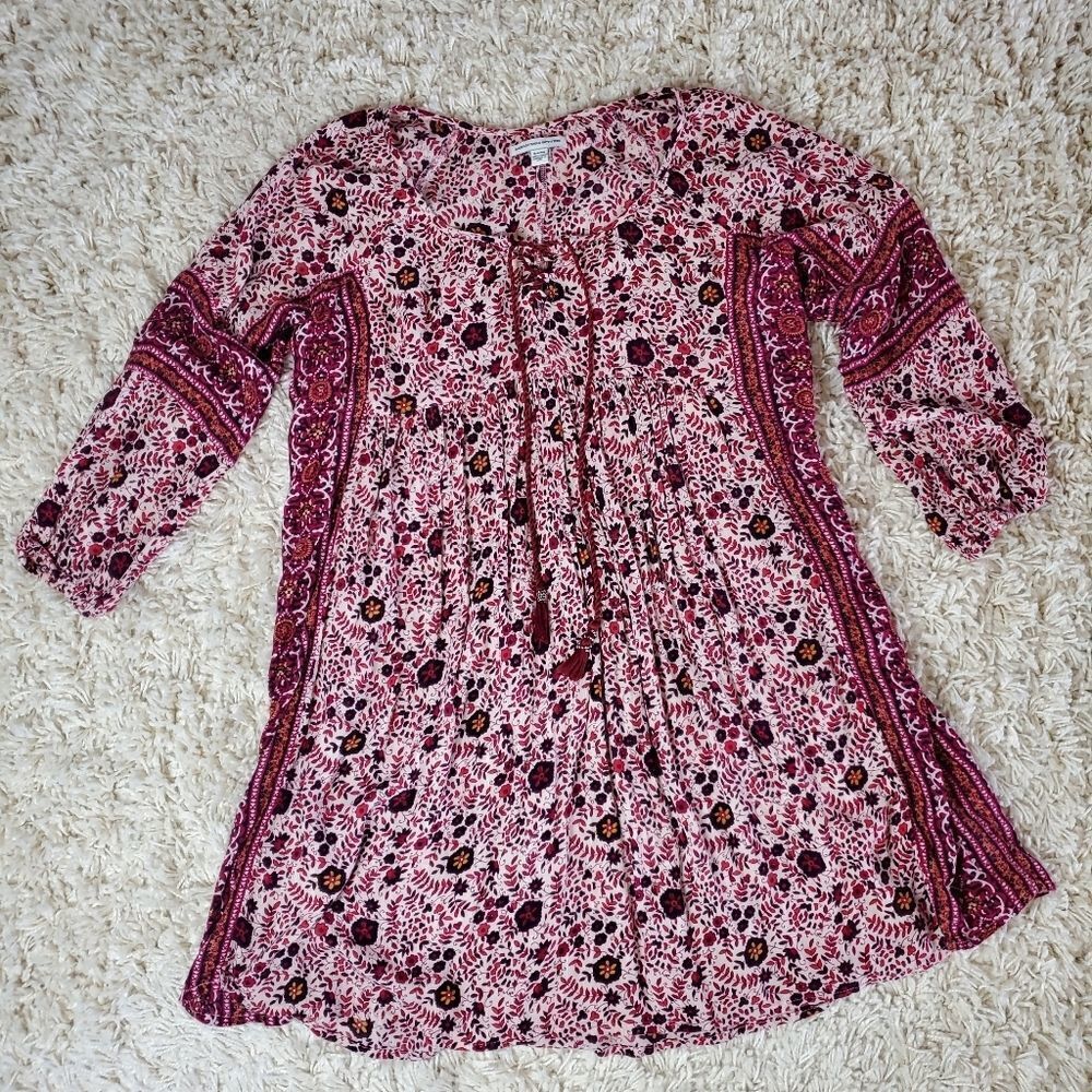 American Eagle Outfitters Pink & Maroon Floral Boho Midi Dress